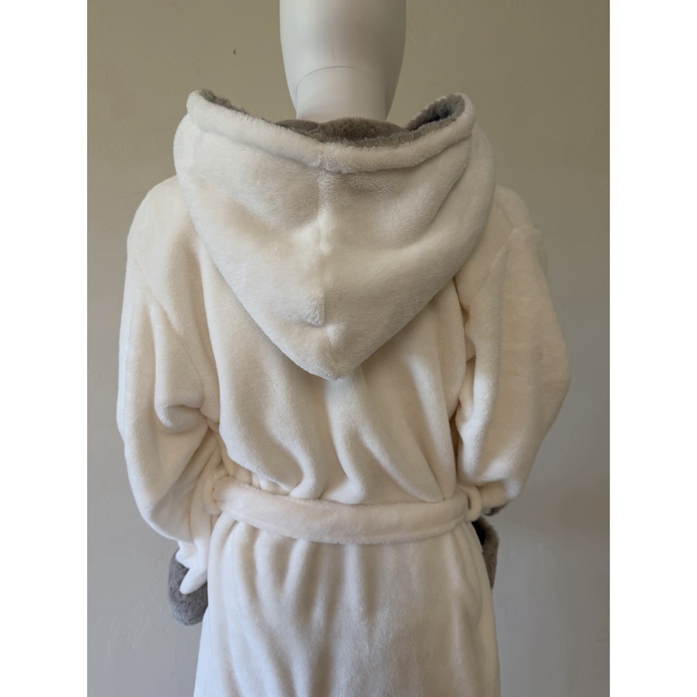Soft White And Gray Plush Fleece Hooded Robe S/M Women's Fur Trim Belted Pockets - Picture 8 of 13